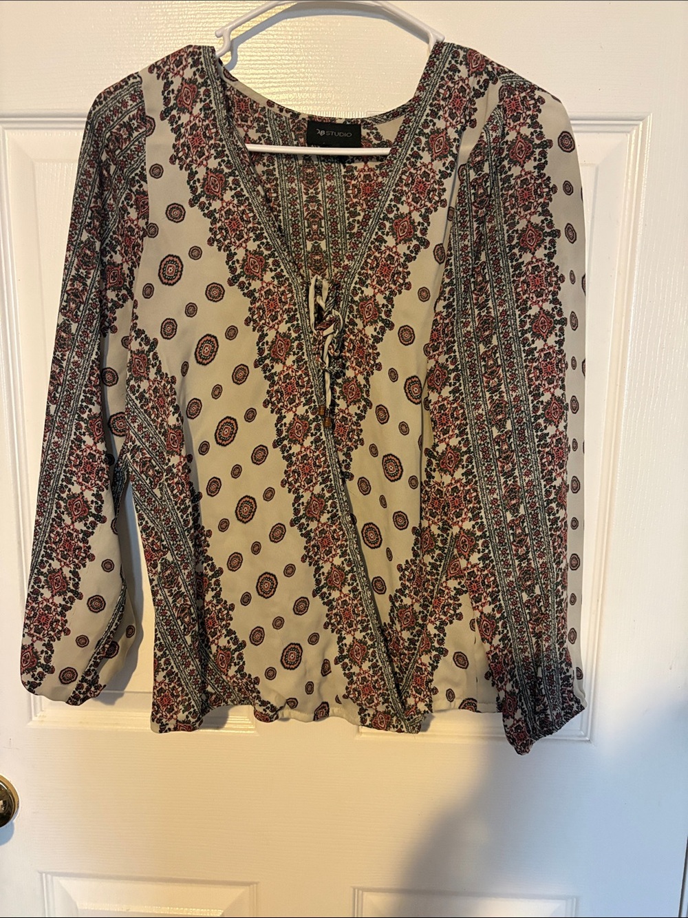 AB Studio Cream and Red Boho Tie-Front Blouse